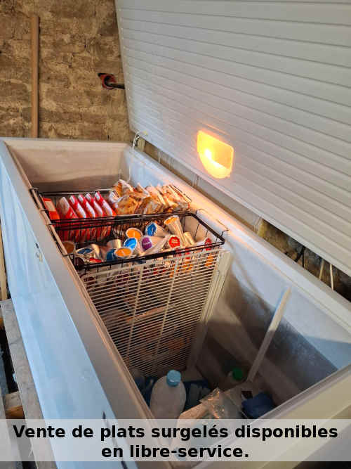 Vente de plats surgelés Vous n'avez pas envie de sortir au restaurant ni de faire les courses au magasin ? Nous vous proposons des plats surgelés en libre-service.