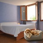 L'auberge du Tilleul propose des chambres en location pour les personnes voyageant avec leur animal de compagnie. L'image d'un beau petit caniche dans son panier, au pied du lit, illustre cette offre.